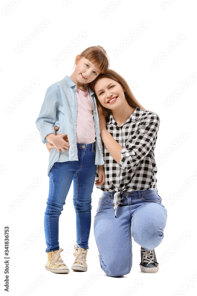 Happy woman with little adopted girl on white background Happy woman with little adopted girl on white background