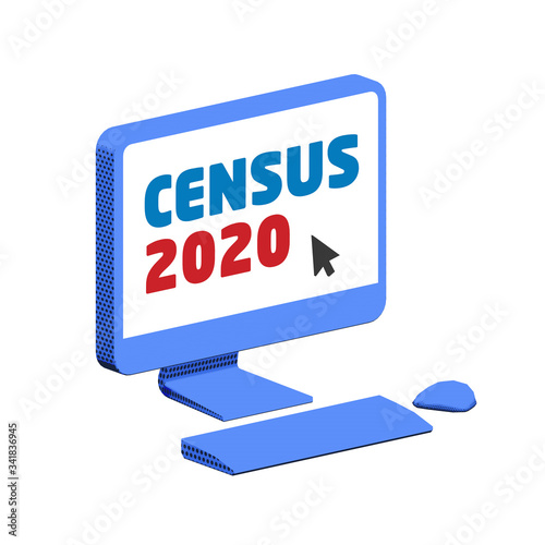 Accessing the Census 2020 website on a blue computer, keyboard and mouse, on isolated white background - 3d illustration