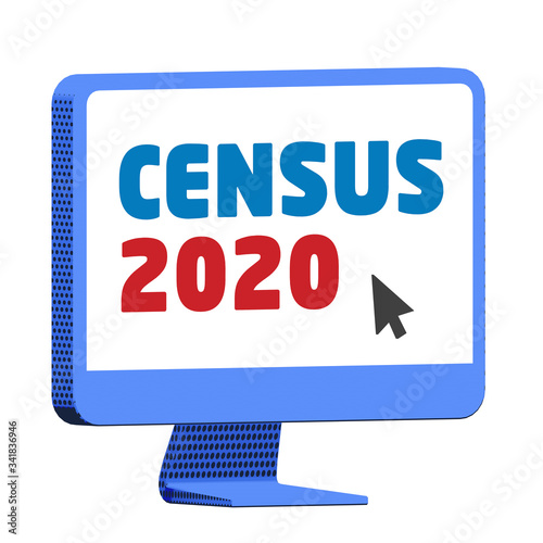 Accessing the Census 2020 website on a blue computer,  on isolated white background - 3d illustration