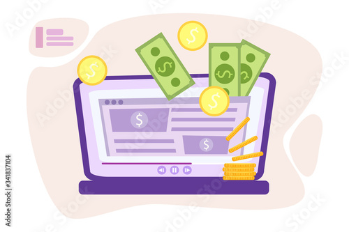 Website monetization concept, vector illustration, earn money online. Blog content and generating income with ad placements and sponsor partnerships. Influencer business and creative content producing
