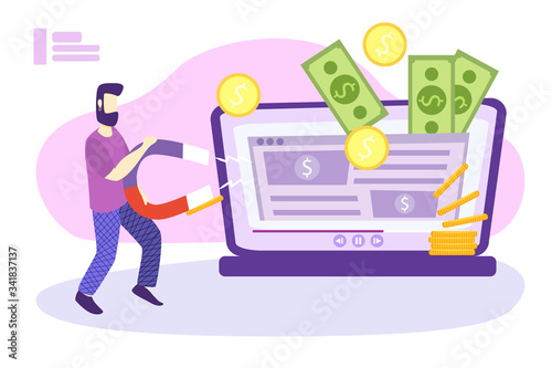 Website monetization concept, vector illustration, earn money online. Blog content and generating income with ad placements and sponsor partnerships. Influencer business and creative content producing