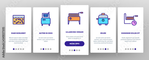 Fryer Electronic Tool Onboarding Icons Set Vector. Fryer Electric Equipment For Cooking Hot Fry Fat Potato And Chicken Food Illustrations