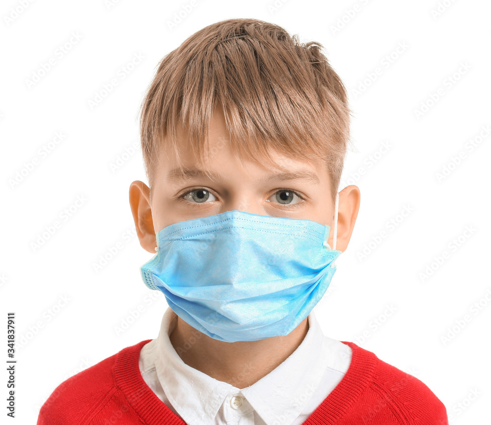 Pupil in protective mask on white background. Concept of epidemic Pupil in protective mask on white background. Concept of epidemic