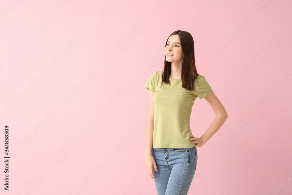Woman in stylish t-shirt on color background Woman in stylish t-shirt on color background