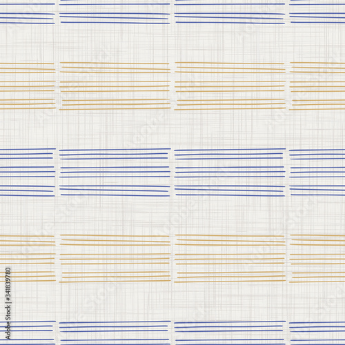 Seamless french farmhouse stripe pattern. Provenc blue linen shabby chic style. Hand drawn texture. Yellow blue background. Interior wallpaper home decor swatch. Modern retro textile all over print