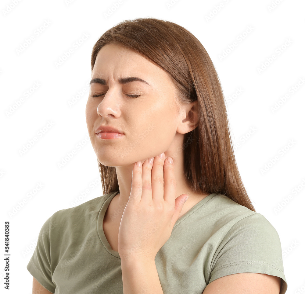 Young woman checking thyroid gland on white background Young woman checking thyroid gland on white background