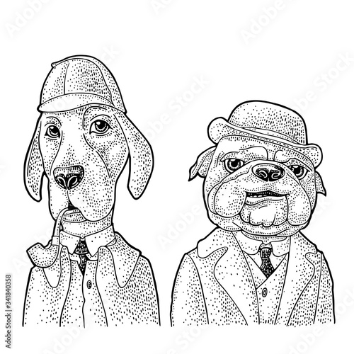 Two dogs in Sherlock Holmes and Dr. Watson appearance. Vector engraving