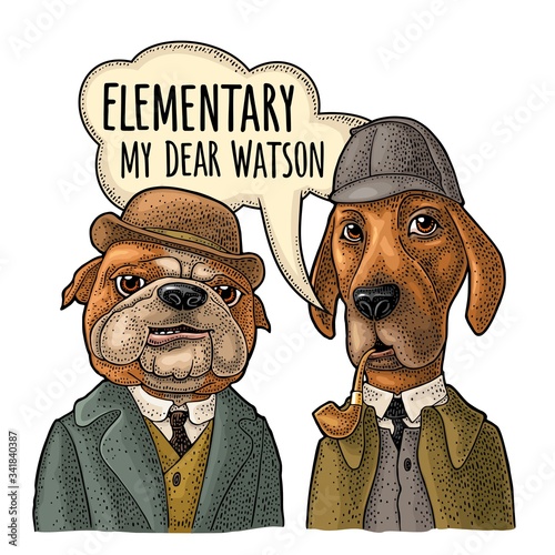 Two dogs in Sherlock Holmes and Dr. Watson appearance. Vector engraving