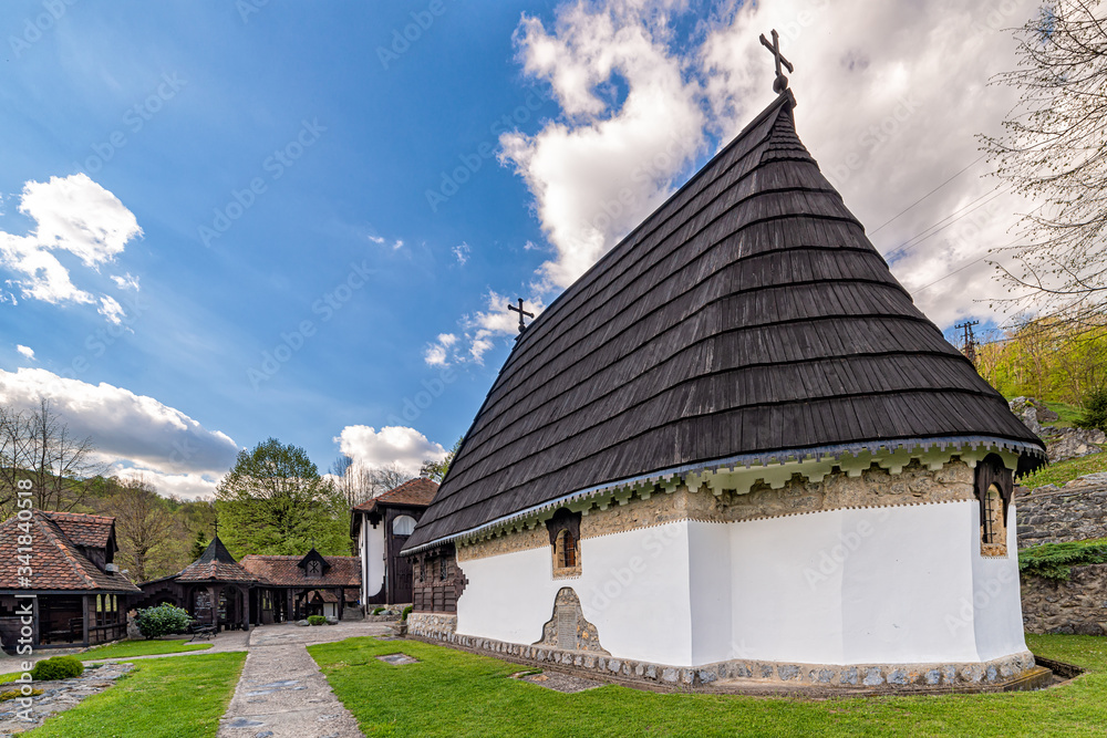 Krupanj, Serbia - April 19, 2019: Dobri Potok is a church park, formed as a unique spiritual and cultural center, around a church dedicated to the Assumption of the Blessed Virgin Mary in Krupanj.