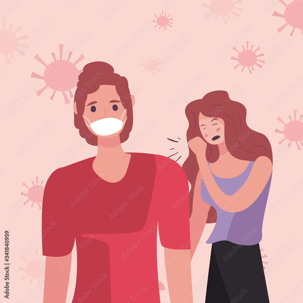 Fototapeta premium Woman with dry cough man with mask and covid 19 virus vector design