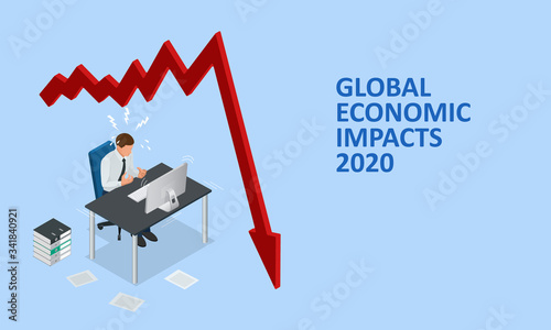 Isometric global economic impacts 2020. Coronavirus or COVID-19 pandemic global impact. Closed border, collapsed world market and economic crisis, panic and food shortages, distance work and studying.
