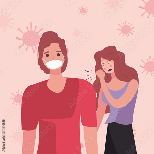 Woman with dry cough man with mask and covid 19 virus vector design