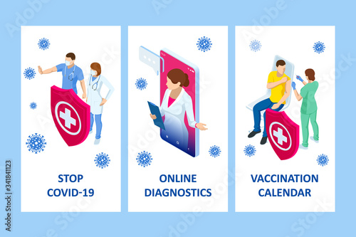 Isometric Online medical advise or consultation service, tele medicine, cardiology. Online treatment recipe. Medicine and pharmacy banners. Pharmacist care for the patient. Medicine industry.