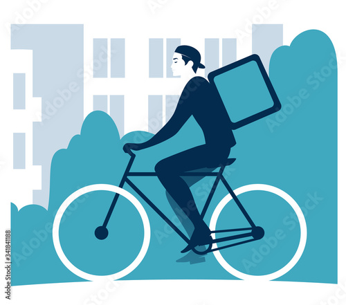 Wallpaper Mural Delivery guy, a courier on a bike with a food delivery backpack on a city background, vector illustration. Torontodigital.ca