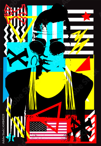 Neon punk, Indian girl silhouette with sunglasses and American, USA flag. Colorful graffiti background.. 
