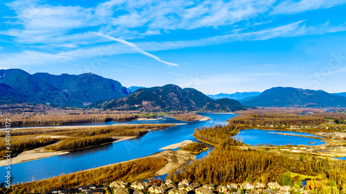 The Fraser River as it flows though the  Coast Mountain range past the town of Chilliwack in the Fraser Valley of British Columbia, Canada