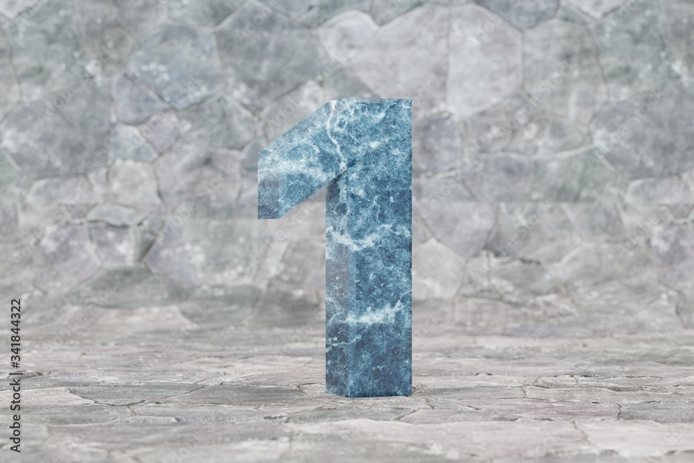 Marble 3d number 1. Blue marble number on stone background. 3d render.