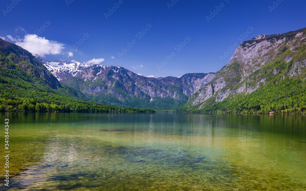 Lake Bohinj in Slovenia, beauty in nature. Colorful summer on the Bohinj lake in Triglav national park Slovenia, Alps, Europe. Mountain Lake bohinj in Julian Alps, Slovenia