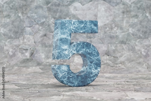 Marble 3d number 5. Blue marble number on stone background. 3d render.