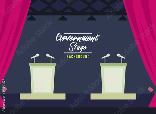 Two Parliament podium with stage. Two Politician podium with black background. Flat Vector Illustration. Black Design Background. Web vector illustration. Vector Background.