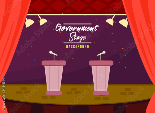Two Parliament podium with stage. Two Politician podium with purple background. Flat Vector Illustration. Maroon Design Background. Web vector illustration. Vector Background.