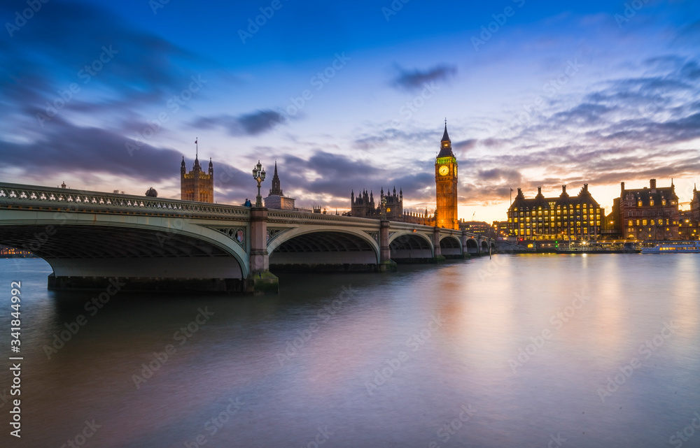 Big Ben and Westminster bridge at night, Big Ben and The Westminster Bridge at sunset The icon of London, UK
