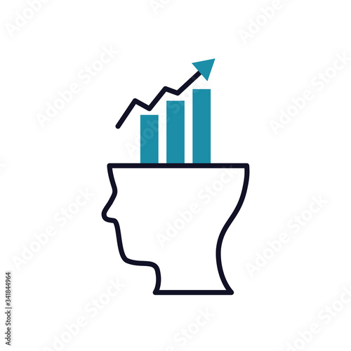 mental health concept, graphic bar chart on human head icon, half line half color style