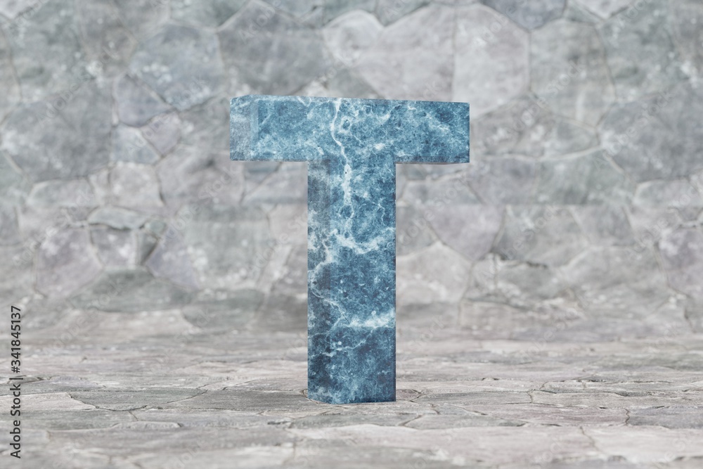 Marble 3d letter T uppercase. Blue marble letter on stone background. 3d render.