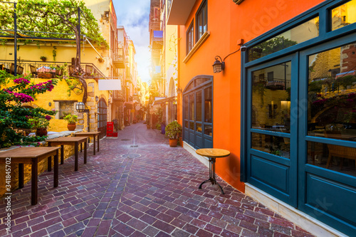 Street in the old town of Chania  Crete  Greece. Charming streets of Greek islands  Crete. Beautiful street in Chania  Crete island  Greece. Summer landscape. Chania old street of Crete island Greece.