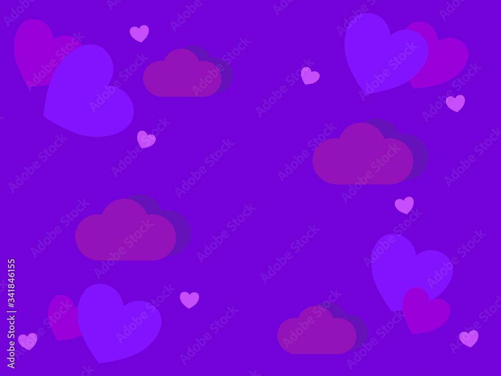 Vector drawn graphic flat design heart and cloud, sky cloudy flying hearts pattern purple and pink cool background textures 