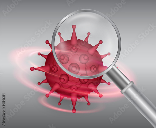 Corona virus with magnifying glass 3d cartoon emblem isolated on white background. Epidemic issue, quarantine and social distancing importance vector. Dangerous covid-19 infection scientific research.