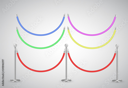 Restriction pole and cord barrier set isolated on white background. Gallery exhibition, movie or theater premier banner design elements mock up. Access vip restriction to keep the crowd, fans aside.