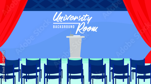 Empty Stage with podium in University Auditorium. Flat Vector Illustration. Blue Design Background. Web vector illustration. Vector Background.