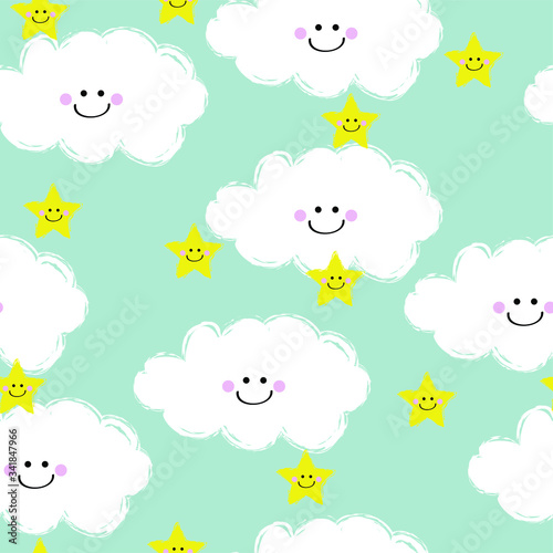 Cute Hand Drawn Smiling Clound And Stars Vector Seamless