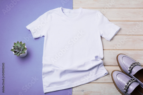 Women’s T-shirt mockup with purple loafers