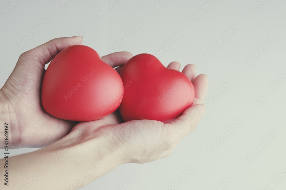 Fototapeta premium Woman hand holding red heart, health care, donate and family insurance concept, world heart day, world health day,CSR responsibility, adoption foster family, hope, gratitude, kind, concept