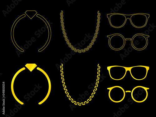Logos de accesorios  con centro pintado y otros con el contorno pintado, accesorio de anillo, collar y lentes, con fondo negro.