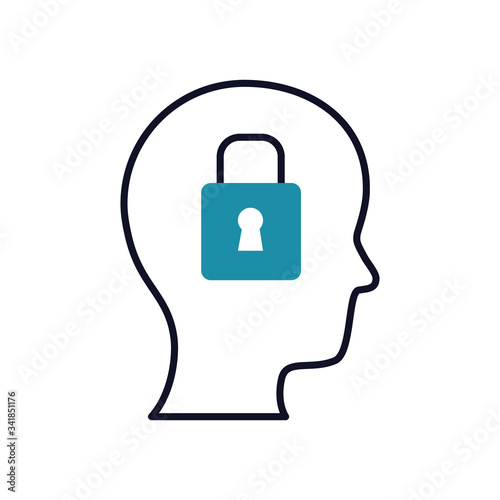 mental health concept, padlock on head icon, half line half color style