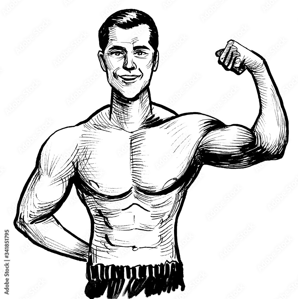 Fototapeta premium Happy smiling athlete flexing biceps. Ink black and white drawing