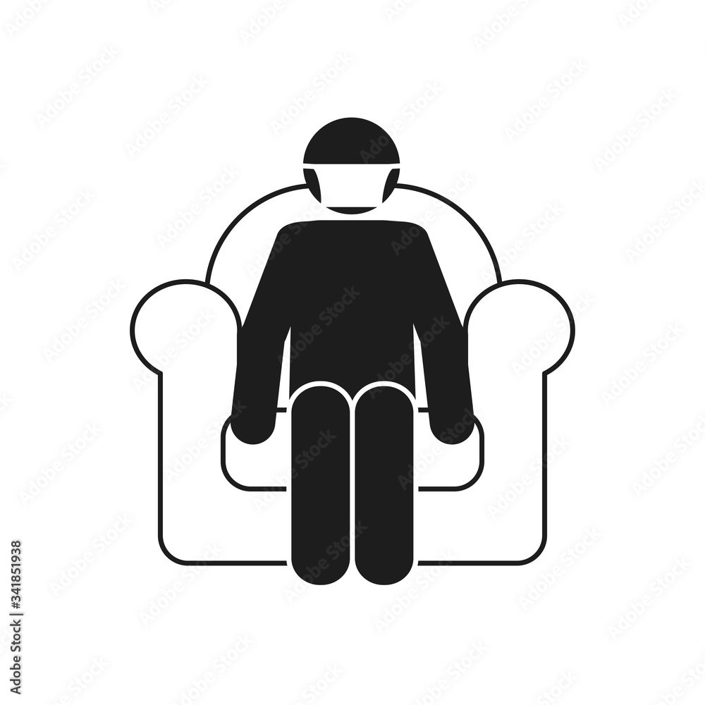 Covid 19 preventions concept, pictogram man with mouth mask sitting on couch, silhouette style Covid 19 preventions concept, pictogram man with mouth mask sitting on couch, silhouette style