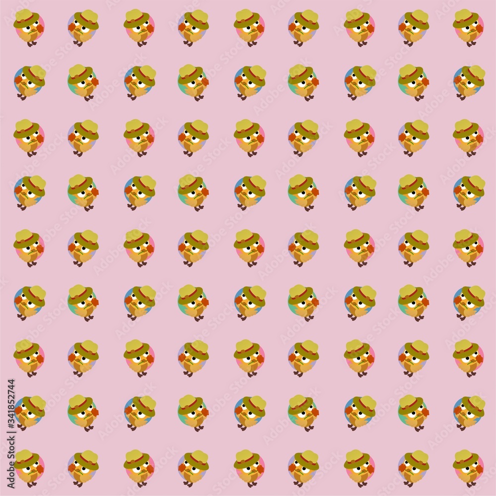 Yellow Bird Wearing a Hat And Carrying Flowers in its Beak Cute Illustration, Cartoon Funny Character, Pattern Wallpaper 