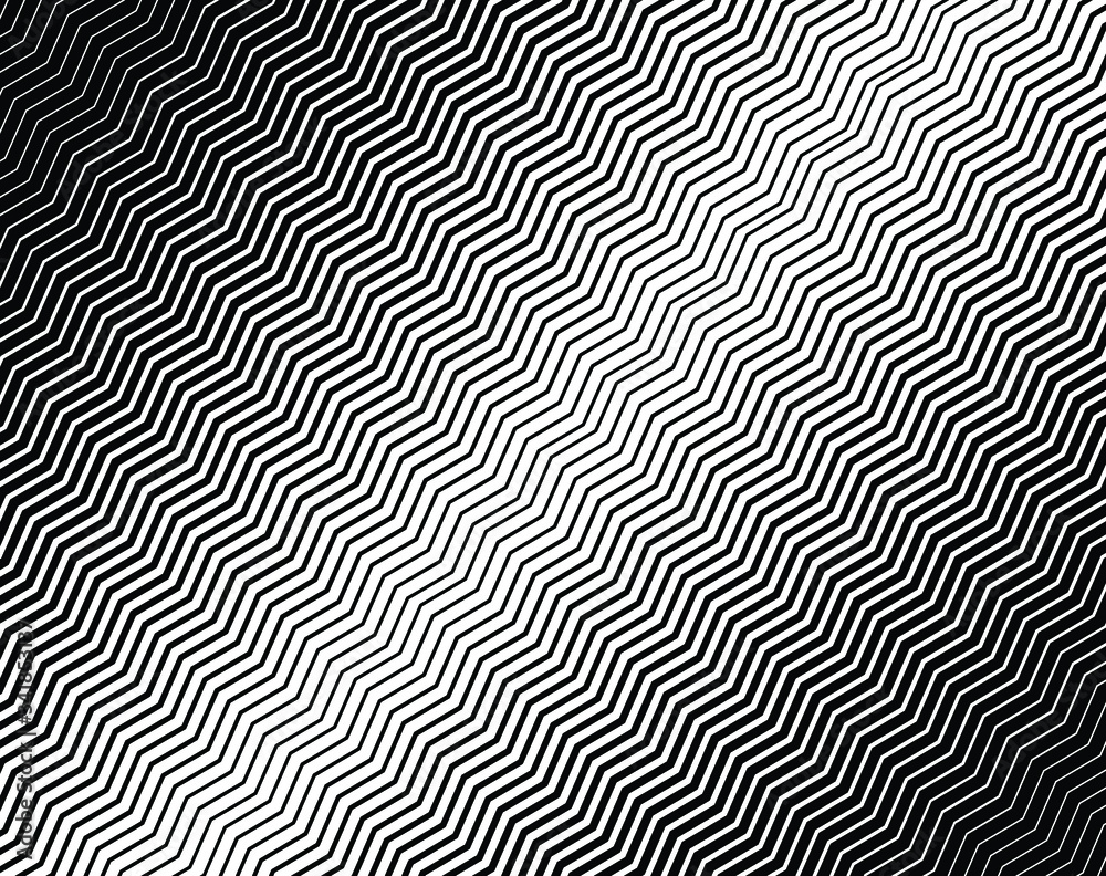 Line art optical art. Psychedelic background. Monochrome background. Optical illusion style. Black dark background. Modern pattern. Abstract graphic texture. Graphic ornament. Zig zag