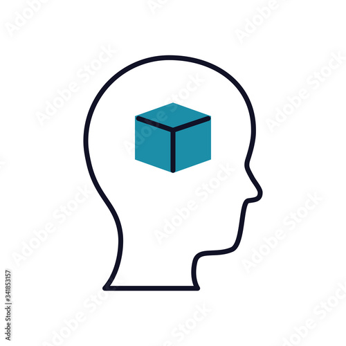 mental health concept, cube inside head icon, half line half color style