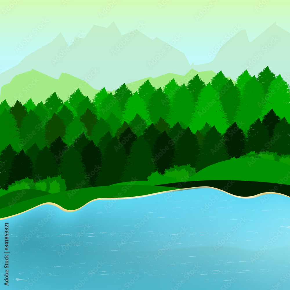 Green forest landscape, poster design template, landing page, vector illustration
