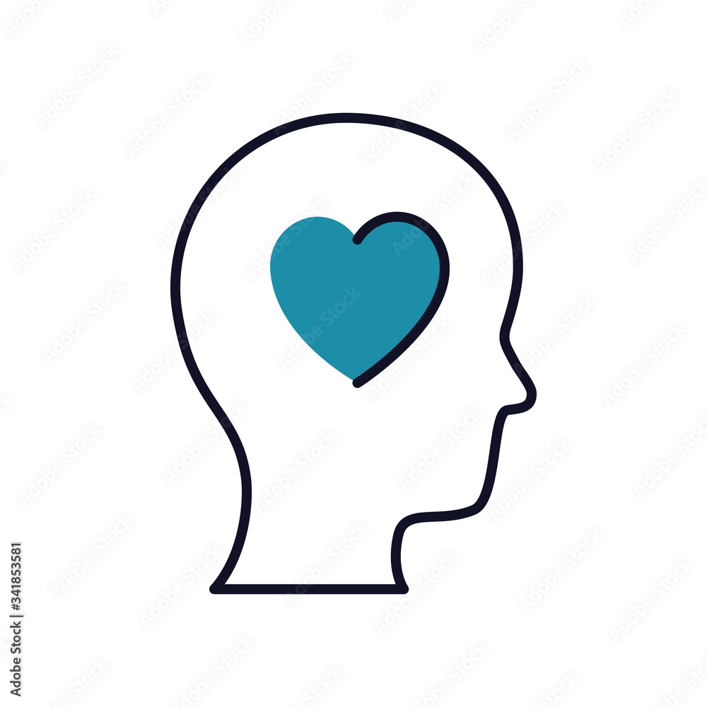 mental health concept, heart inside human head icon, half line half color style mental health concept, heart inside human head icon, half line half color style