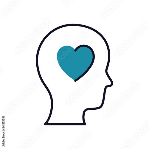 mental health concept, heart inside human head icon, half line half color style