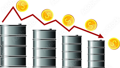 Flat vector illustration of crude oil price crisis graphic design with stack of oil barrel. Stock market price graph going down and plummet. Global economic problem concept.