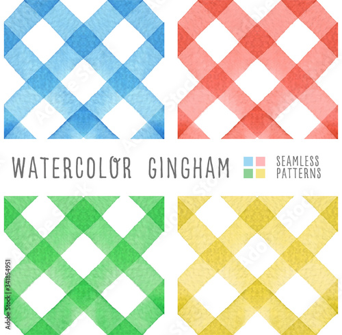 Set of 4 color watercolor gingham, seamless vector pattern