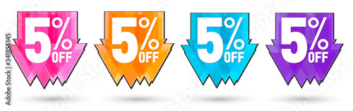 Set Sale 5% off banners, discount tags design template, promo app icons, vector illustration