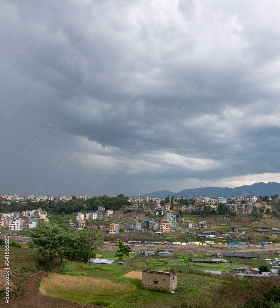 The city of Kathmandu, Nepal under the storm clouds of monsoon season.
